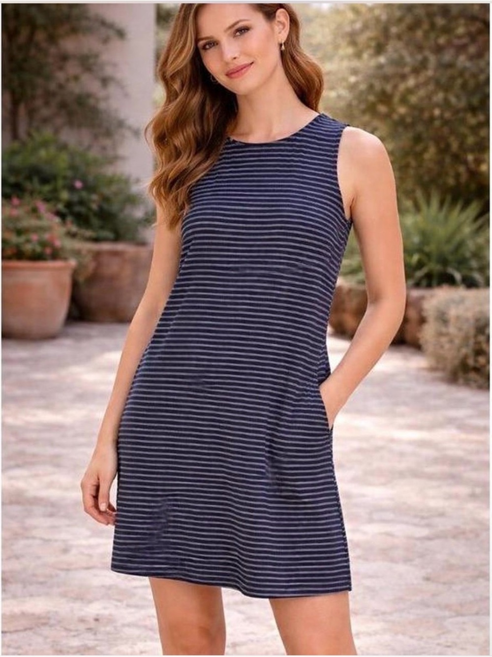 J. Jill Love Linen Navy Blue Striped Sleeveless Shift Dress Size M
